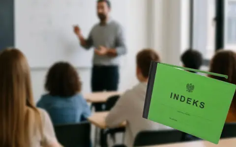 Zielony indeks na pierwszym planie, w tle sala wykładowa z nauczycielem i studentami. To symbol początku drogi do pracy po studiach.