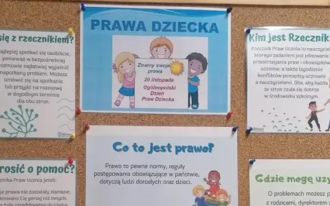 Plakat informuje o prawach dziecka i roli Rzecznika Praw Ucznia. Dzieci mogą zwrócić się o pomoc, gdy ich prawa są łamane.