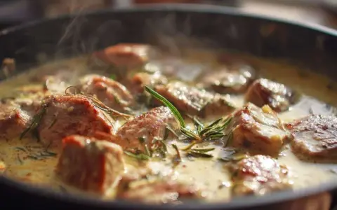 Délicieux sauté de porc mijotant dans une sauce crémeuse, parfumé au romarin. La vapeur s'échappe doucement de la poêle.