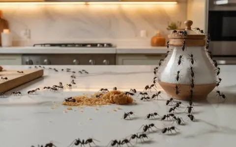 Un ejército de hormigas diminutas invade una cocina, rodeando un azucarero y un montón de azúcar moreno.