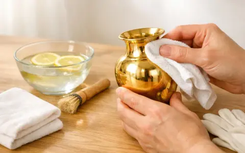 Comment nettoyer du laiton doré : une main frotte un vase doré avec un chiffon blanc. À côté, un bol d'eau citronnée, une brosse et des gants.