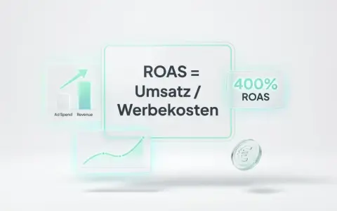 ROAS = Umsatz / Werbekosten. Ein Diagramm zeigt steigende Umsätze, was einen guten ROAS von 400% bedeutet.