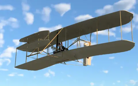 Das Flugzeug der Gebrüder Wright fliegt unter blauem Himmel mit Wolken. Ein Pilot sitzt im Cockpit.