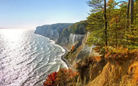 Weiße Kreidefelsen und bunte Herbstbäume säumen die Ostsee. Ein malerischer Ort an der Küste.