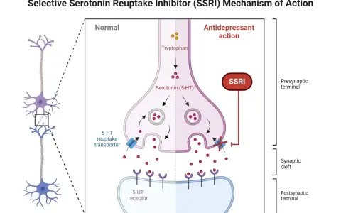 Mechanizm działania SSRI: jak citabax wpływa na synapsę, blokując wychwyt zwrotny serotoniny i zwiększając jej dostępność.