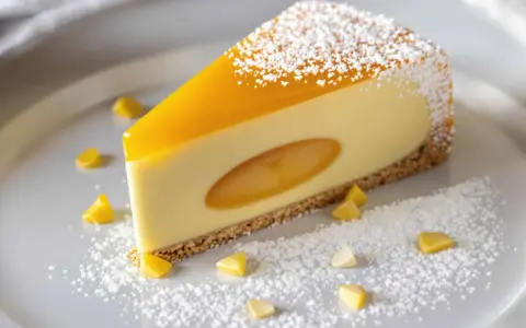 Tranche de cheesecake onctueux avec un cœur coulant et un glaçage jaune vif, saupoudrée de sucre glace. Des morceaux de fruit de la passion décorent l'assiette.