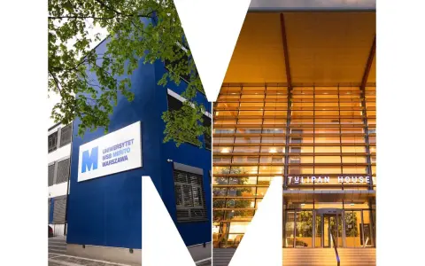 Budynek Uniwersytetu WSB Merito Warszawa, gdzie można studiować wsb finanse i rachunkowość. Obok nowoczesny Tulipan House.