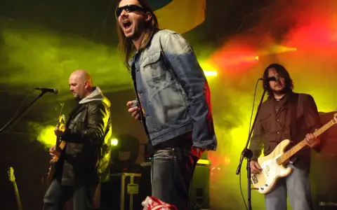 Energetyczne kapele punkowe z lat 80. na scenie, w dymie i kolorowych światłach. Wokalista krzyczy do mikrofonu, gitarzysta gra na basie.