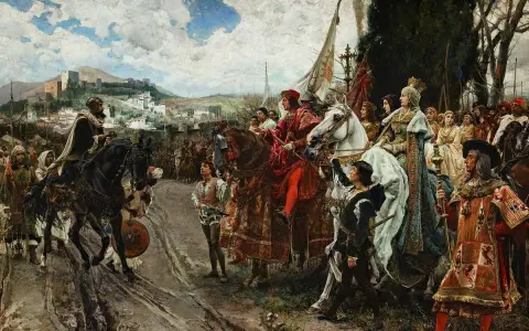 Un rey a caballo, con Granada al fondo, recibe a una reina y su corte. La escena evoca la importancia de la Mesta en la España medieval.
