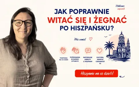 Kobieta z okularami uśmiecha się, obok tekst o tym, jak się mówi po hiszpańsku, ikony i rysunek hiszpańskiej architektury.
