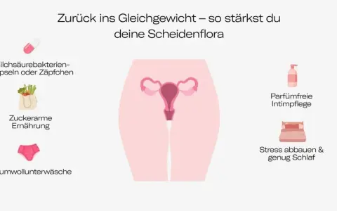 Grafik zeigt, wie man die Scheidenflora stärkt: Milchsäurebakterien, zuckerarme Ernährung, Baumwollunterwäsche, parfümfreie Intimpflege, Stressabbau. Dies hilft, eine Ursache für Scheidenpilz zu vermeiden.