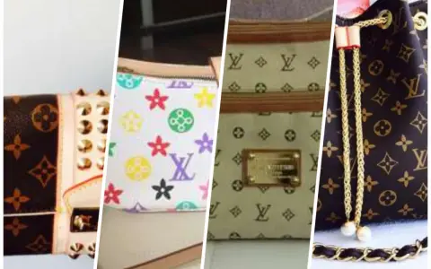 Cztery zbliżenia torebek Louis Vuitton: jedna z ćwiekami, druga kolorowa, trzecia z logo i blachą, czwarta ze złotym sznurkiem.