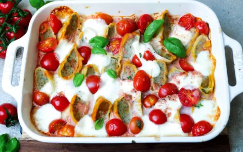 Herzhafter Maultaschen Auflauf mit Kirschtomaten und geschmolzenem Mozzarella, garniert mit frischem Basilikum.