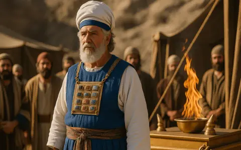 An elder, possibly Eleazar in the Bible, stands in a desert setting, wearing a priestly garment with a jeweled breastplate.