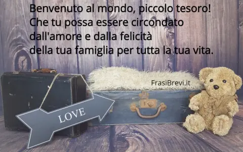 Auguri nascita semplici: un orsetto e valigie vintage, con freccia "LOVE". Benvenuto al mondo, piccolo tesoro!