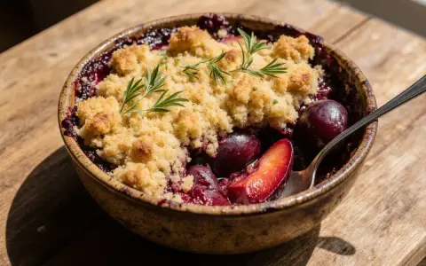 Ein gesunder Zwetschgen Crumble mit Rosmarin, serviert in einer rustikalen Schale auf Holz.