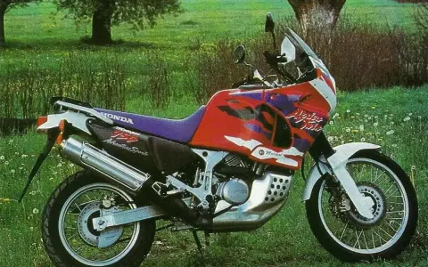 Honda Africa Twin 750 Adventure Sports na tle łąki. Choć to legendarny motocykl, warto znać jego wady przed zakupem.