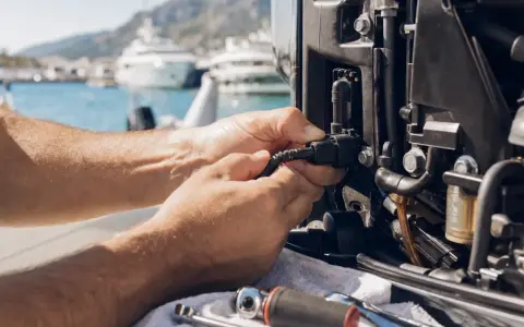 Réparation d'un panne moteur électrique sur un bateau, avec des yachts en arrière-plan.