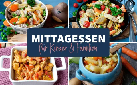 Vier leckere und gesunde Kindergerichte: Nudeln mit Hackfleisch, Gemüsepfanne, Hähnchen-Curry und Kartoffel-Gemüse-Eintopf.