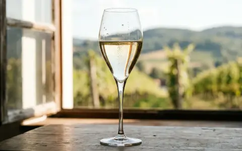 Ein Glas Champagner steht auf einem Holztisch vor einem Fenster mit Blick auf Weinberge. Der Alkoholgehalt von Champagner liegt typischerweise bei 12%.