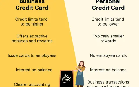 Comparison of business credit card vs personal credit card features, highlighting higher limits and employee cards for business.