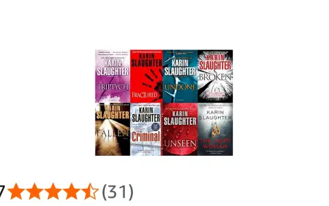 Copertine di libri di Karin Slaughter, tra cui "Triptych", "Fractured", "Undone", "Broken", "Fallen", "Criminal", "Unseen" e "The Kept Woman", disposti in ordine cronologico.