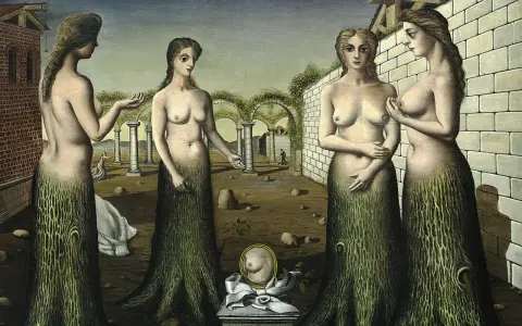 Four surreal figures, reminiscent of Paul Delvaux paintings, stand in a dreamlike landscape. Their lower bodies transform into tree trunks, their upper bodies bare.
