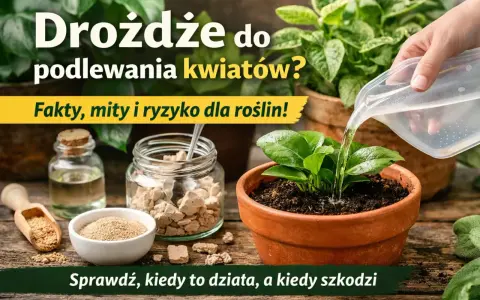 Nawóz z drożdży do kwiatów? Na zdjęciu widać słoik z drożdżami, buteleczkę z płynem i młodą roślinę w doniczce, którą podlewa ręka.