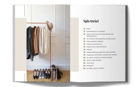Elegancka szafa kapsułowa z ubraniami i butami, alternatywa dla fast fashion.
