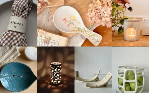 Objets artisanaux en argile : porte-serviette personnalisé, cuillère décorée, diffuseur, porte-savon feuille, lampe ajourée, repose-baguettes, panier à fruits. Une belle idée argile.