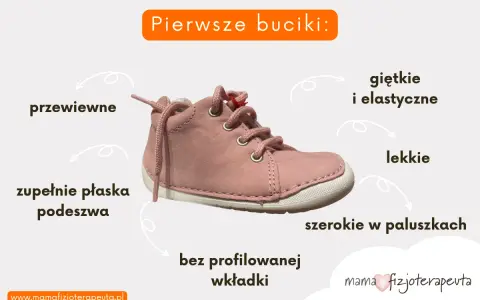 Różowe, pierwsze buciki dla dziewczynki: przewiewne, lekkie, szerokie w paluszkach, z płaską podeszwą i bez profilowanej wkładki.