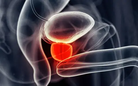 Czerwona, podświetlona prostata w centrum obrazu, sugerująca, czy prostata boli.