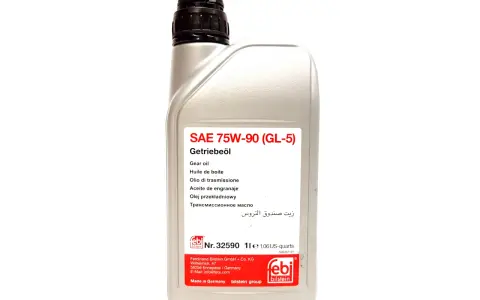 Srebrna butelka z olejem przekładniowym SAE 75W-90 (GL-5). Na etykiecie widnieje napis "Olej przekładniowy" oraz logo febi bilstein.