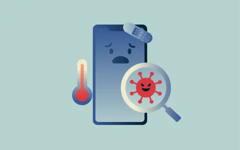 Trauriges Handy mit Pflaster und Fieberthermometer. Ein böser Virus wird unter dem Vergrößerungsglas entdeckt.