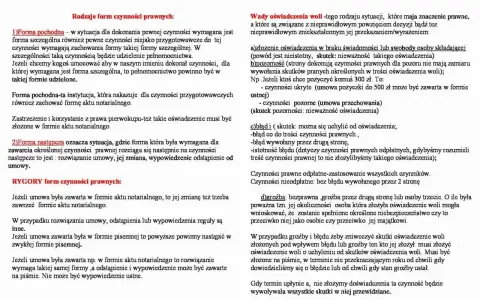 Dokument omawia formy czynności prawnych, w tym formę pochodną i następczą, oraz wady oświadczenia woli. Zawiera informacje o repertorium prawnym.