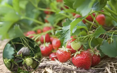 Zbliżenie na plantację truskawek, gdzie widać zdrowe, czerwone owoce obok tych zaatakowanych przez choroby truskawek, pokrytych szarym nalotem.