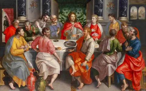 Jesus and his disciples at the Last Supper, a scene often depicted in different types of churches, with ornate architecture and rich fabrics.