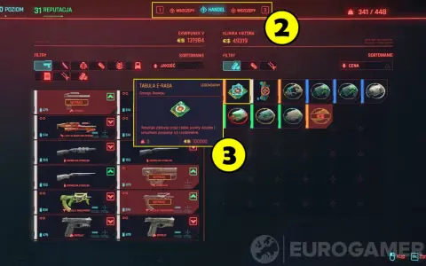 Interfejs gry Cyberpunk 2077: ekwipunek, handel i zasady gry. Widok menu z przedmiotami, w tym legendarną "Tabulą E-Rasa".
