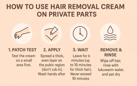 Instructions for using depilatory cream on private parts: patch test, apply, wait, and rinse. This cream's function is hair removal.