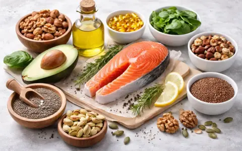 Łosoś, awokado, orzechy, nasiona i olej w miseczkach, źródła kwasów omega-3.