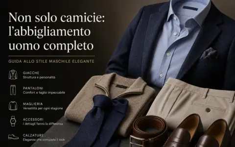 Un completo da uomo elegante: giacca blu, camicia azzurra, pantaloni beige, maglione, cravatta, cintura e scarpe.