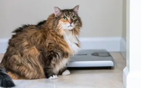 Puszysty maine coon najwiekszy kot, siedzi obok wagi.