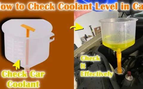 Learn how to check car coolant level effectively. The image shows a measuring jug and a funnel being used to check the coolant in a car engine.