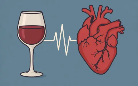 Kieliszek wina połączony linią EKG z sercem. Ilustracja symbolizuje związek między alkoholem a niewydolnością serca.