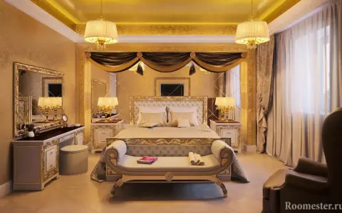 Chambre luxueuse aux accents dorés, évoquant un style empire. Un grand lit, une coiffeuse et des lampes ornées créent une atmosphère royale.
