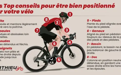 Conseils pour une bonne position vélo route : tête haute, épaules détendues, coudes fléchis, poignets droits, pieds alignés, genoux souples, bassin stable, dos neutre.