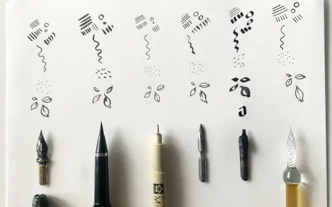 Ejemplos de trazos y formas básicas en dibujos con tinta china, junto a varias plumas y puntas de caligrafía.