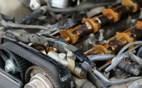 Motor de coche con correa de distribución y árbol de levas dorado. Se observa posible desgaste en el árbol de levas.