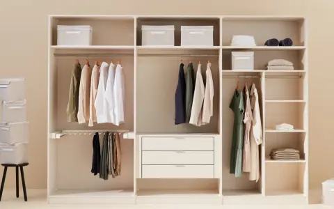Ein aufgeräumter Kleiderschrank sortieren: Hemden, Hosen und Kleider hängen ordentlich an Kleiderbügeln. Stoffboxen und gefaltete Kleidung auf Regalen sorgen für Ordnung.