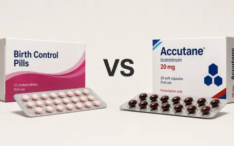 Porównanie tabletek antykoncepcyjnych i Accutane 20 mg. Dwa opakowania leków, jedno z różowymi tabletkami, drugie z brązowymi kapsułkami.